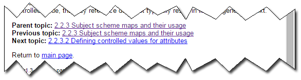 Screenshot fragment showing three labeled hyperlinks plus the sentence 'Return to main page' with 'main page' styled as a hyperlink (blue and underlined). The first three hyperlinks are labeled 'Parent topic', 'Previous topic', and 'Next topic', and each hyperlink text consists of a chapter/section number along with a topic title.