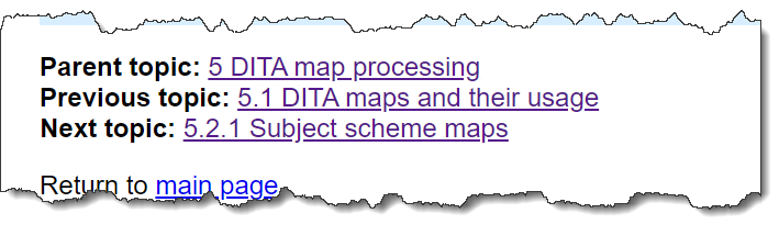 Screen capture fragment showing three labeled hyperlinks plus the sentence 'Return to main page' with 'main page' styled as a hyperlink (blue and underlined). The first three hyperlinks are labeled 'Parent topic', 'Previous topic', and 'Next topic', and each hyperlink text consists of a chapter/section number along with a topic title.